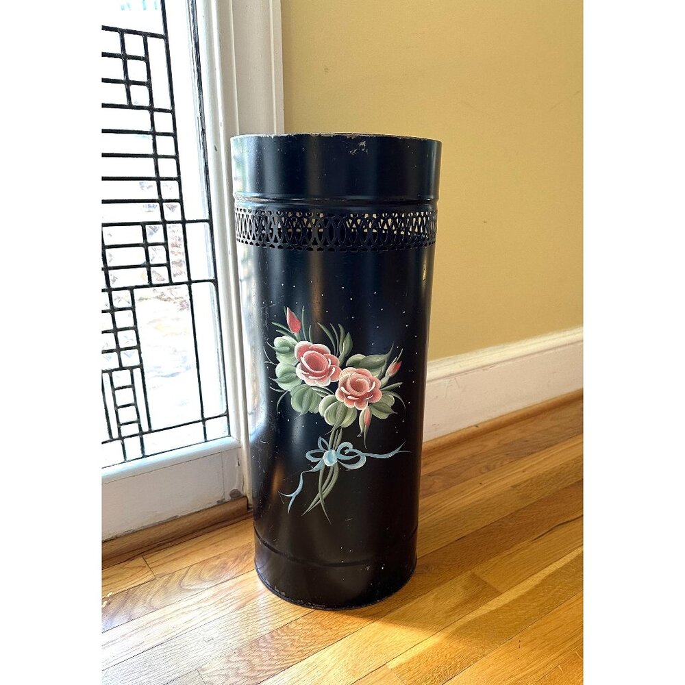1950s handpainted metal umbrella stand/ hamper or waste basket